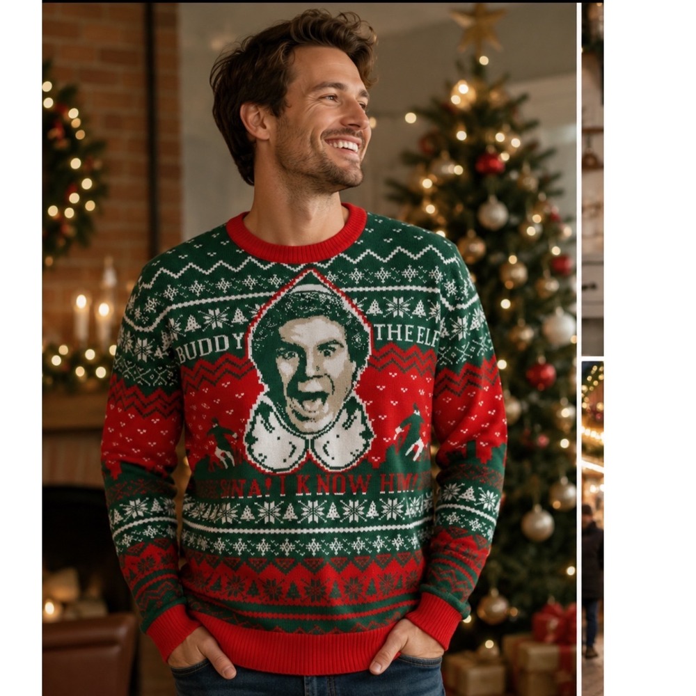 Ugly Holiday Christmas Sweater Medium Green Red Funny Naughty Stocking Graphic